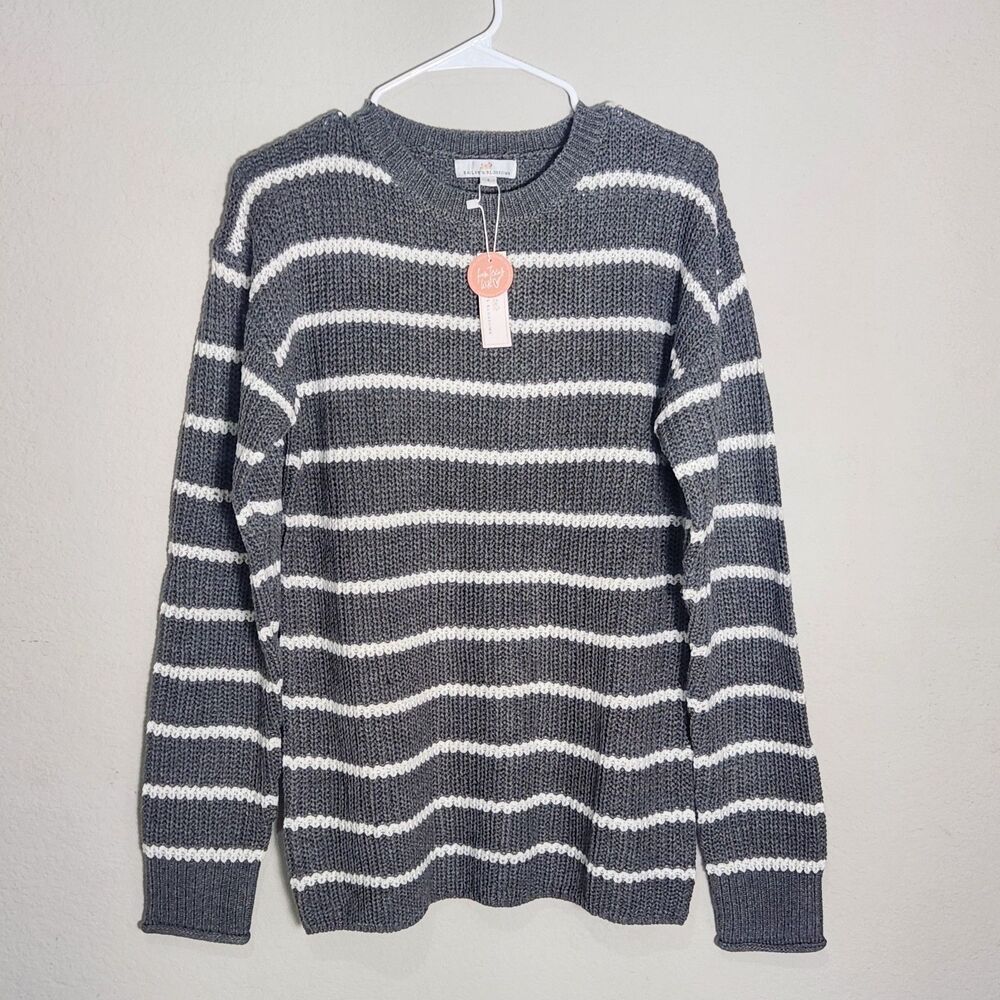 Bailey's Blossoms Striped Knit Pullover Sweater Crew Neck Long Sleeve S Gray